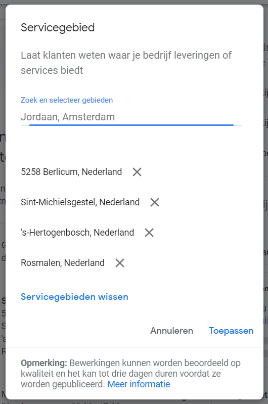 Google mijn bedrijf vermelding zzp servicegebied